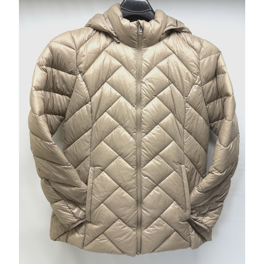 LONDON FOG Women's Large Lightweight Packable Down Beige Hooded Puffer Jacket